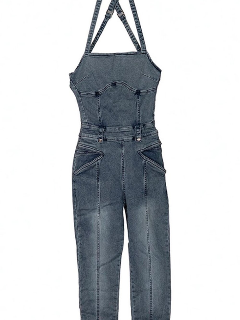 Manière De Voir Lace-Up Back Corset Denim Jumpsuit Skinny Leg Acid Wash - HAWT!